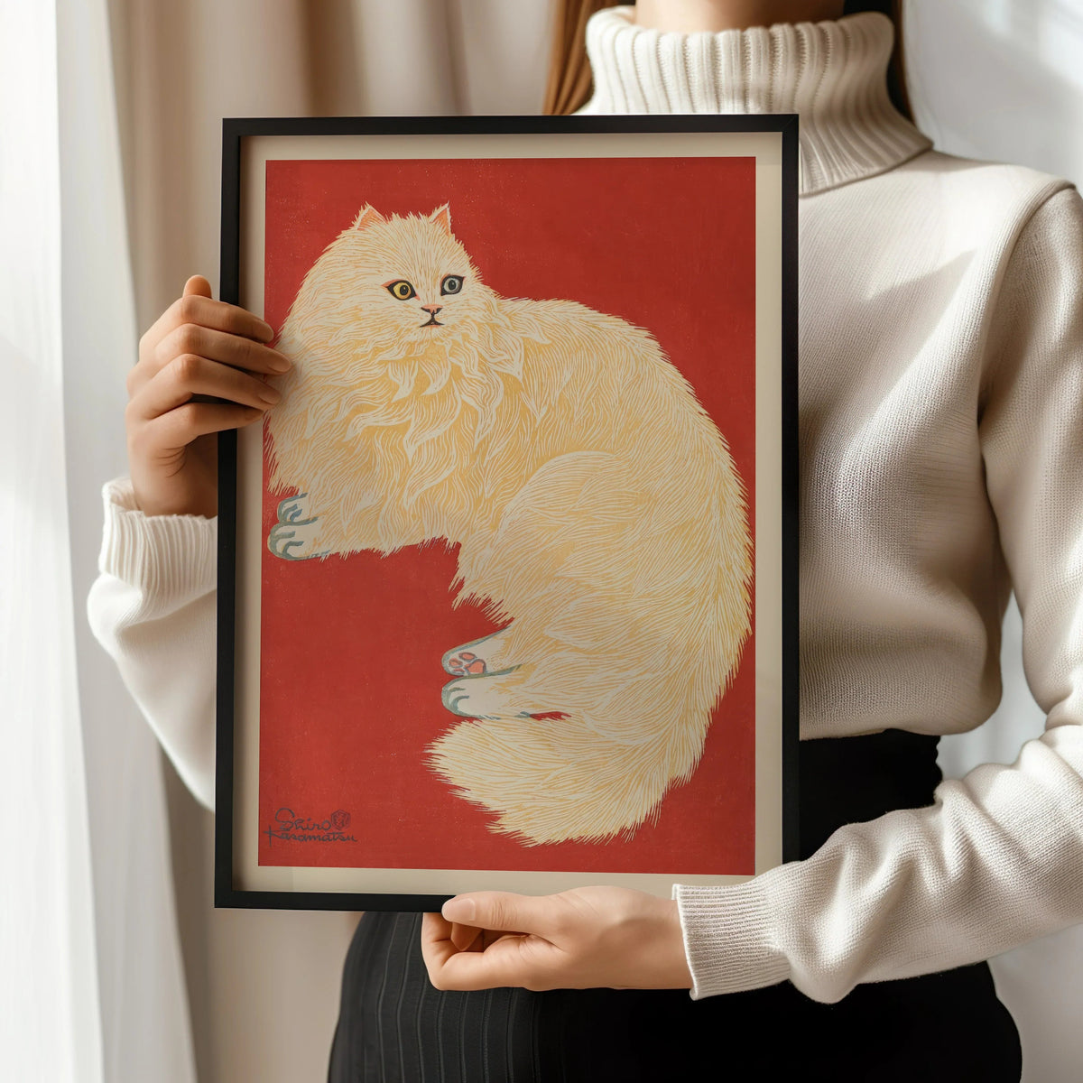 Shiro Kasamatsu - Le chat blanc : estampe Giclée japonaise sur bois vintage