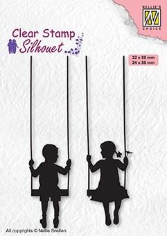 Tampon transparent Silhouette Garçon et fille sur la balançoire