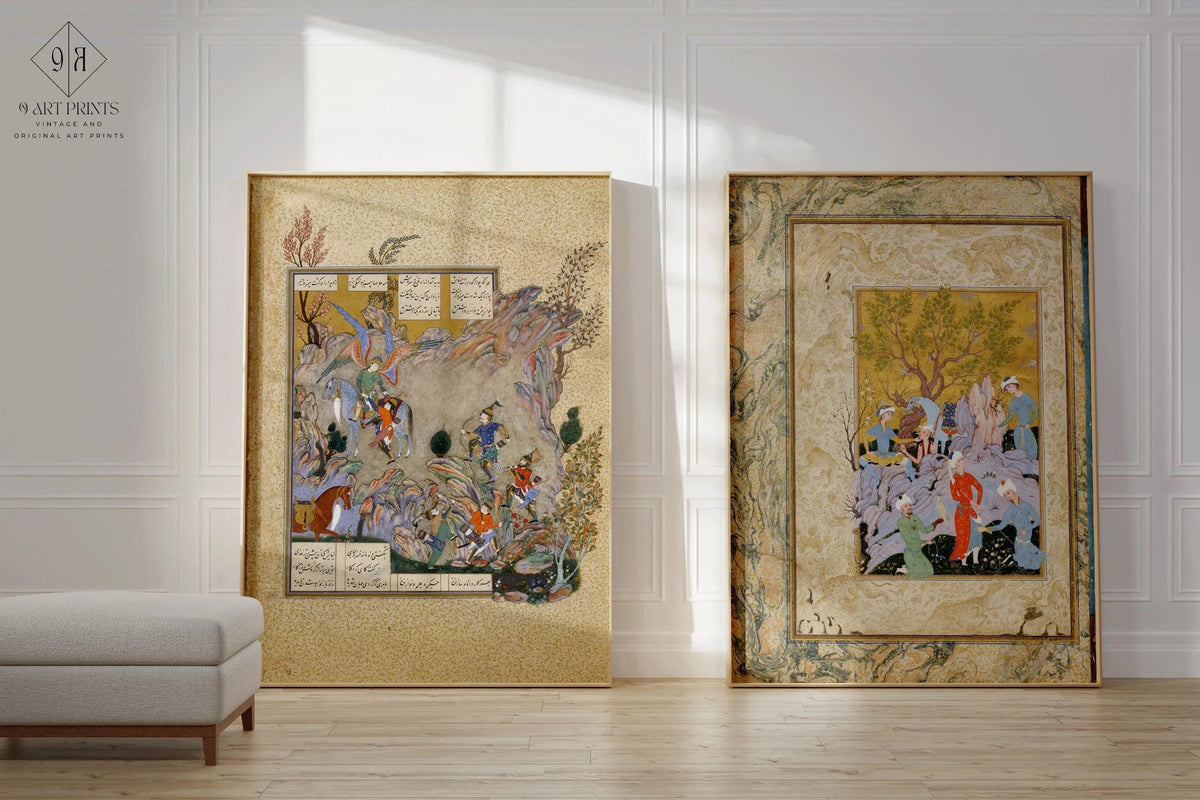 STATEMENT DUO Ancient Persian Miniatures - Hawking Party and Shahnameh | | Ancient Illuminated Manuscript available framed