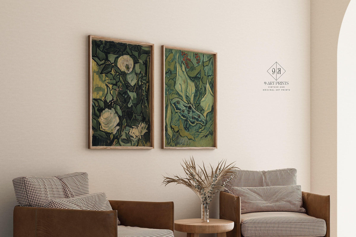 Van Gogh Art Prints: Roses and Moth, Green Wall Art