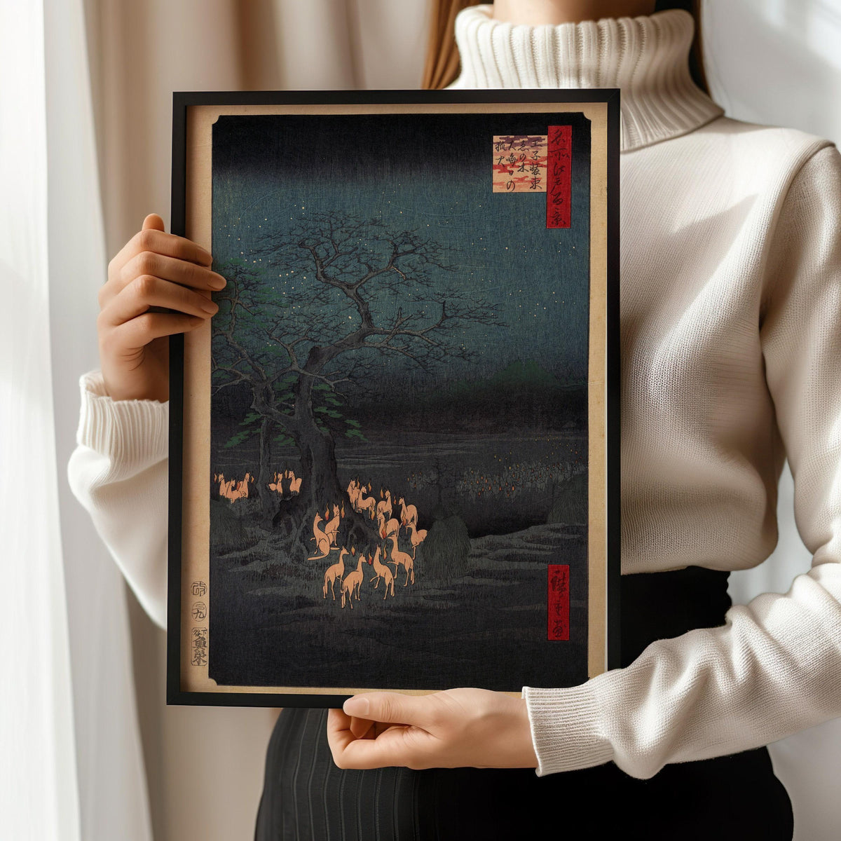 Hiroshige Foxfire Print: Japanese Vintage Art, Giclee Fine Art (Framed Available)
