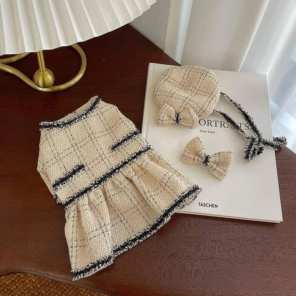 Ensemble Jupe et Chapeau avec Nœud pour Chien Vanille Française