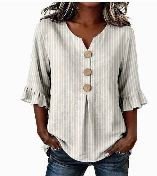 Womens Three-quarter-sleeve Buttoned Blouse With A Floral Pattern