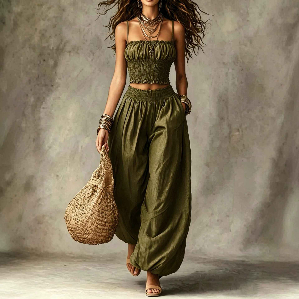 Women's Strapless Two Piece Set – Crop Top and Wide Leg Lantern Pants Outfit