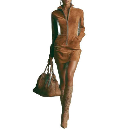 Women's Deerskin Velvet Zipper Dress - Long Sleeve Mini Dress