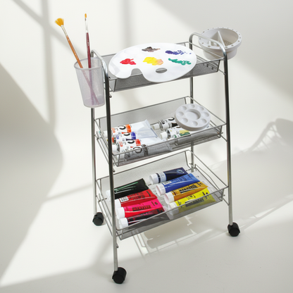 Atelier d'artiste sur roulettes avec 3 étagères, 26 emplacements pour pinceaux, pot de lavage de pinceaux de 10 cm de diamètre et pot à huile ou médium avec couvercle