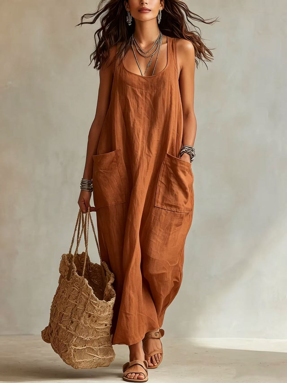 Elegant Casual Long Slip Dress With Pockets