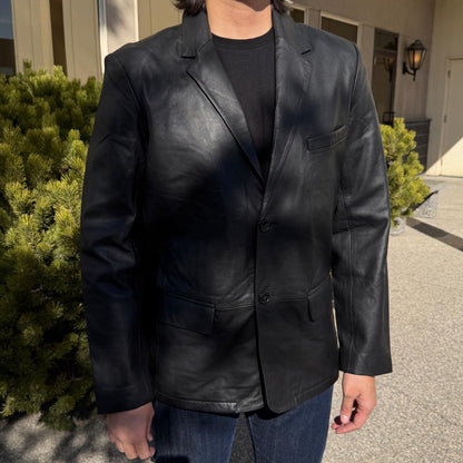 BOL Men’s Black Leather Blazer. Premium Lambskin Leather Two-Button Notch Lapel Jacket