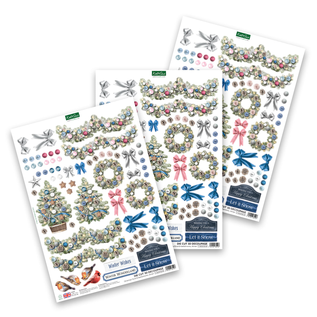 Katy Sue Die Cut Decoupage – Christmas Floral Embellishments, Winter (pack of 3)