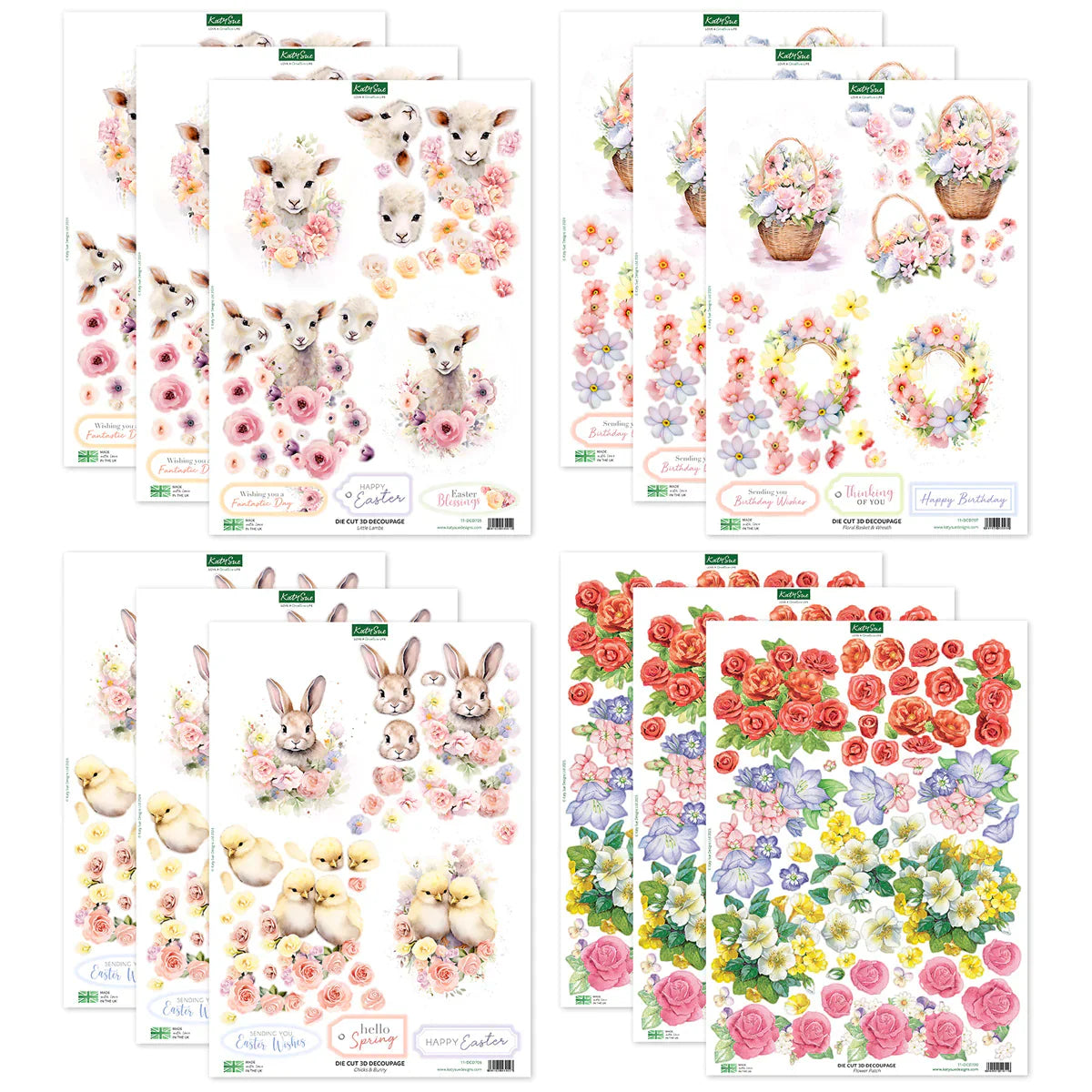 Découpage découpé à la presse - Animaux de Pâques et fleurs printanières (lot de 12)