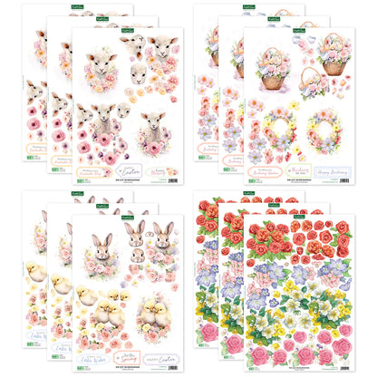 Découpage découpé à la presse - Animaux de Pâques et fleurs printanières (lot de 12)