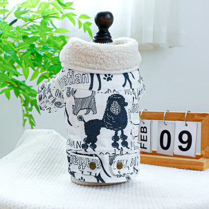 Sketch Print Dog Coat | Warm Dog Coat with Fur Trim