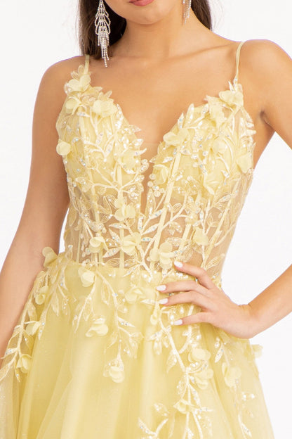 3-D Flower Applique Glitter Mesh A-line Dress w/ Embroidery