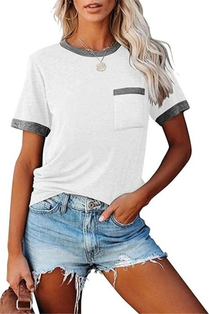 Pocket Round Neck Stitching Pocket Top