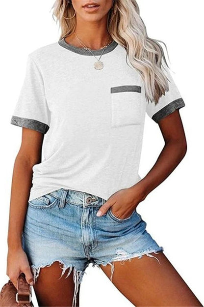 Pocket Round Neck Stitching Pocket Top