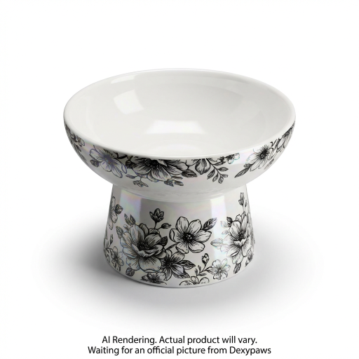 White & Black Floral Print Elevated Ceramic Bowl for Cats