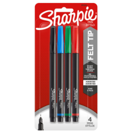 Sharpie Pens, Felt Tip, Fine Point (0.4 mm), Assorted Colours, 4 Count