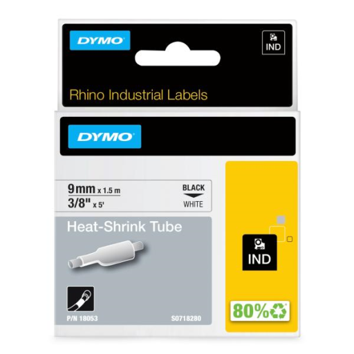 Étiquettes thermorétractables industrielles DYMO Rhino, étiquettes DYMO authentiques, pour tubes ou câbles, (tube de 9 mm, noir sur blanc)
