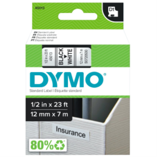 DYMO D1 Standard Labels for LabelManager Label Makers, 1/2" x 23-Foot, Black Print on White Tape, Self-Adhesive, 1 Cartridge