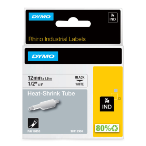 DYMO Rhino Industrial Heat-Shrink Labels, 1/2" Tube, Black Print on White