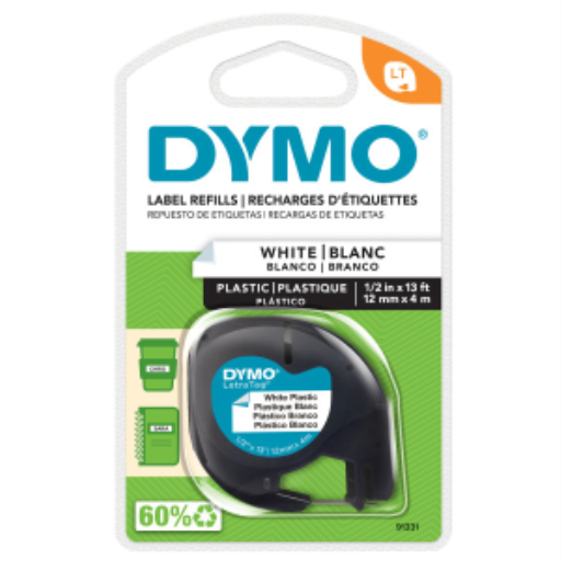 DYMO LT Plastic Labels for LetraTag Label Makers, Black Print on White Labels, 1/2" x 13-Foot Roll