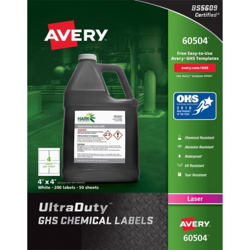 Étiquettes industrielles ultra-résistantes Avery pour imprimantes laser, 10,2 cm x 10,2 cm, permanentes, blanches, 50 feuilles/boîte, 200 étiquettes/boîte