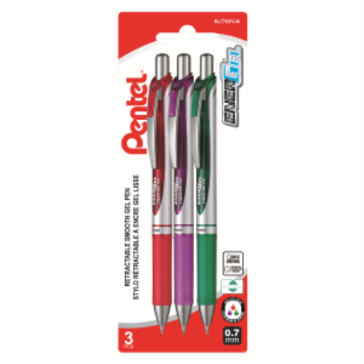 EnerGel Retractable Gel Roller, (0.7mm) Metal Tip, 3PC Pack Assorted