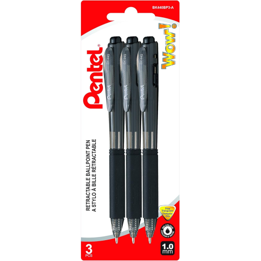 Wow ! Stylo-bille rétractable, (1,0 mm) Pointe moyenne, Encre noire, Lot de 3