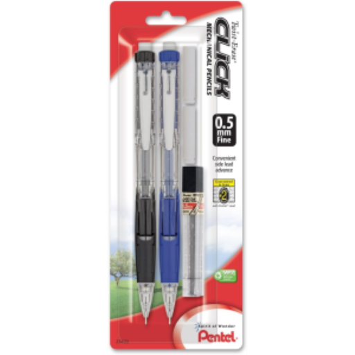 Twist-Erase Click Mechanical Pencil, (0.5mm) Clear Barrel, Assorted Grip Colours
with Leads and Erasers, 2PC Pack
