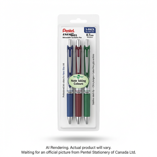 Pentel EnerGel Retractable Gel Roller, (0.7mm) Metal Tip, 3PC Pack Assorted Note Taking Colours