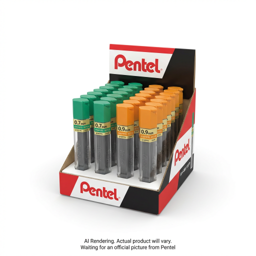 Recharge de mines Pentel Hi-Polymer Super (0,7 mm) et (0,9 mm), 12 mines par tube, présentoir assorti