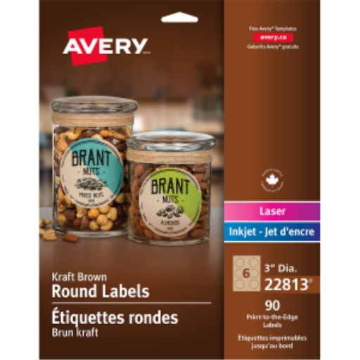 22813 Avery Étiquettes rondes Kraft brun, 3" de diamètre, permanentes,