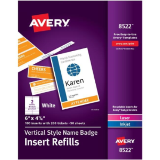 Avery Laser/Inkjet   Vertical Style Refills, 6" x 4¼", White Cardstock (Insert, x2 Tickets), 100/box