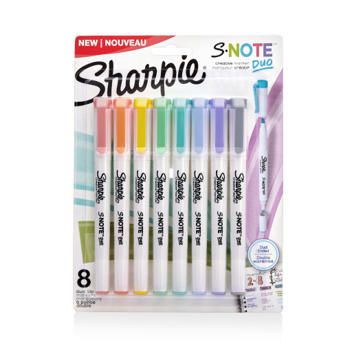 Marqueurs créatifs double pointe Sharpie S-Note Duo, surligneurs et marqueurs d'art, couleurs assorties, pointes fines et biseautées, paquet de 8