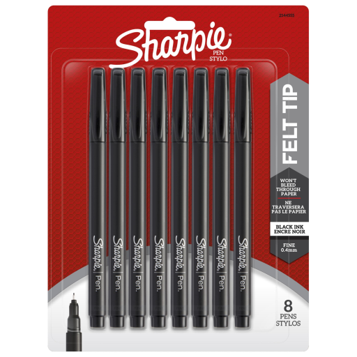 Stylos Sharpie, Feutre, Pointe Fine (0,4 mm), Noir, Lot de 8
