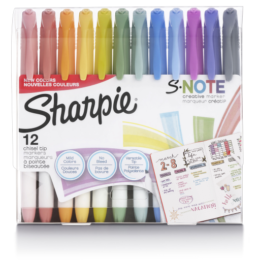 Marqueurs créatifs et surligneurs Sharpie S-Note, couleurs assorties, pointe biseautée, lot de 12