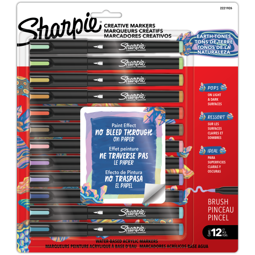 Marqueurs créatifs Sharpie, Couleurs Terre, Marqueurs acryliques à base d'eau, Pointe pinceau, Couleurs assorties, Lot de 12