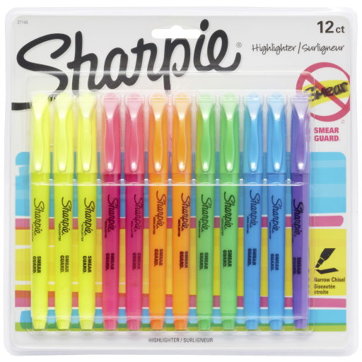 Surligneurs de poche Sharpie, pointe biseautée fine, couleurs assorties, paquet de 12