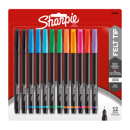 Stylos feutre Sharpie à pointe fine (0,4 mm), couleurs assorties, paquet de 12