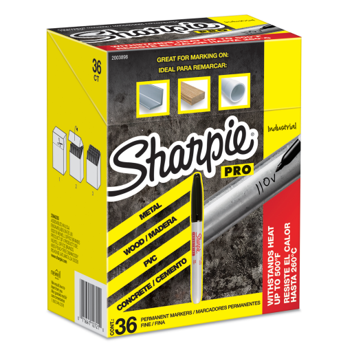 Marqueurs permanents industriels Sharpie PRO, pointe fine, noirs, boîte de 36