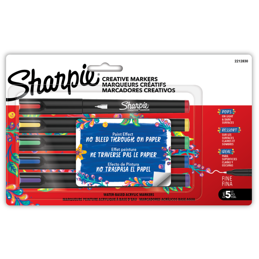 Marqueurs créatifs Sharpie, marqueurs de peinture acrylique à base d'eau, pointe fine, assortiment, 5 unités
