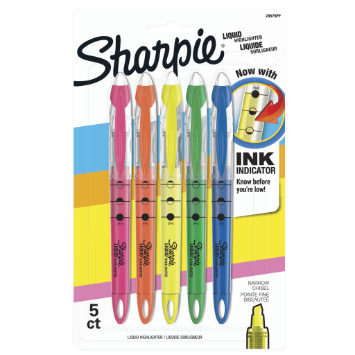 Surligneurs liquides Sharpie, Pointe biseautée, Couleurs fluorescentes assorties, Paquet de 5