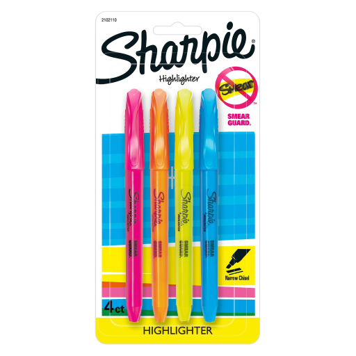 Sharpie Pocket Highlighters, Narrow Chisel Tip, Assorted Colours, 4 Count
