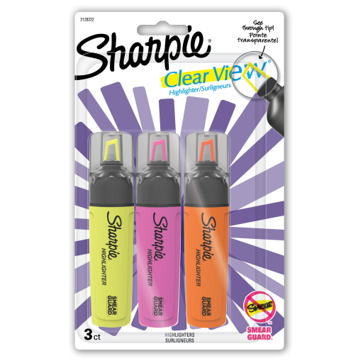 Sharpie Highlighter, Clear View Highlighter with See-Through Chisel Tip, Tank Highlighter, Assorted Colours, 3 Count