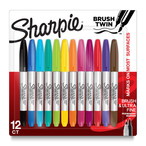 Sharpie Brush Twin Permanent Markers, Brush Tip Marker and Ultra Fine Tip Marker, Assorted Colours, 12 Count