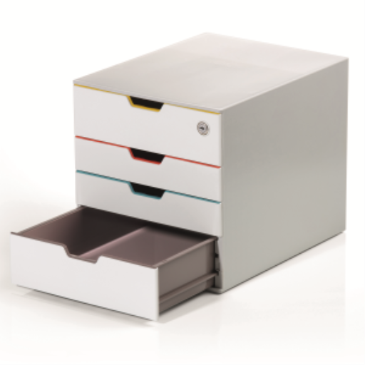 DURABLE VARICOLOR Keyed Lock Desktop Drawer Organizer, 4 Color-Coded Drawers, Stackable, Soundless, 11.5" H x 14" D x 11" W , Gray & Multicolored (762627)