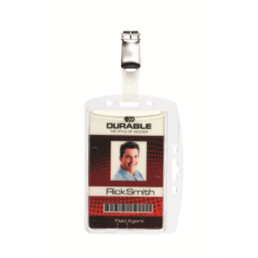 DURABLE Shell-Style ID Badge Holder with Strap Clip, Horizontal Or Vertical Orientation, 2-3/4" x 4", Clear, Pack of 25 (800519)