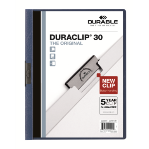 DURABLE Report Cover with DURACLIP, Letter-size, Holds Up to 30 Pages, Clear Cover/Dark Blue, 25 per Box (220307BX)