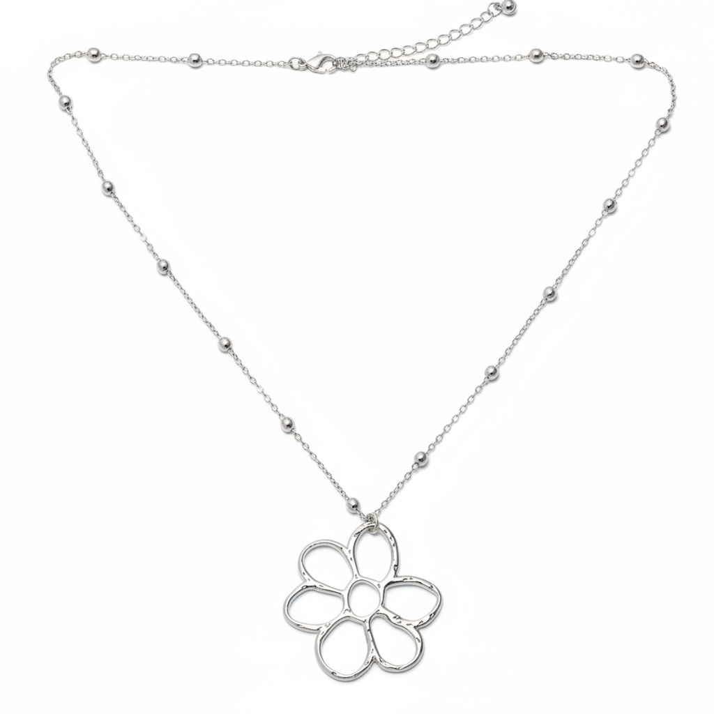 Pendentif Fleur ajourée sur chaîne billes - Plaqué argent