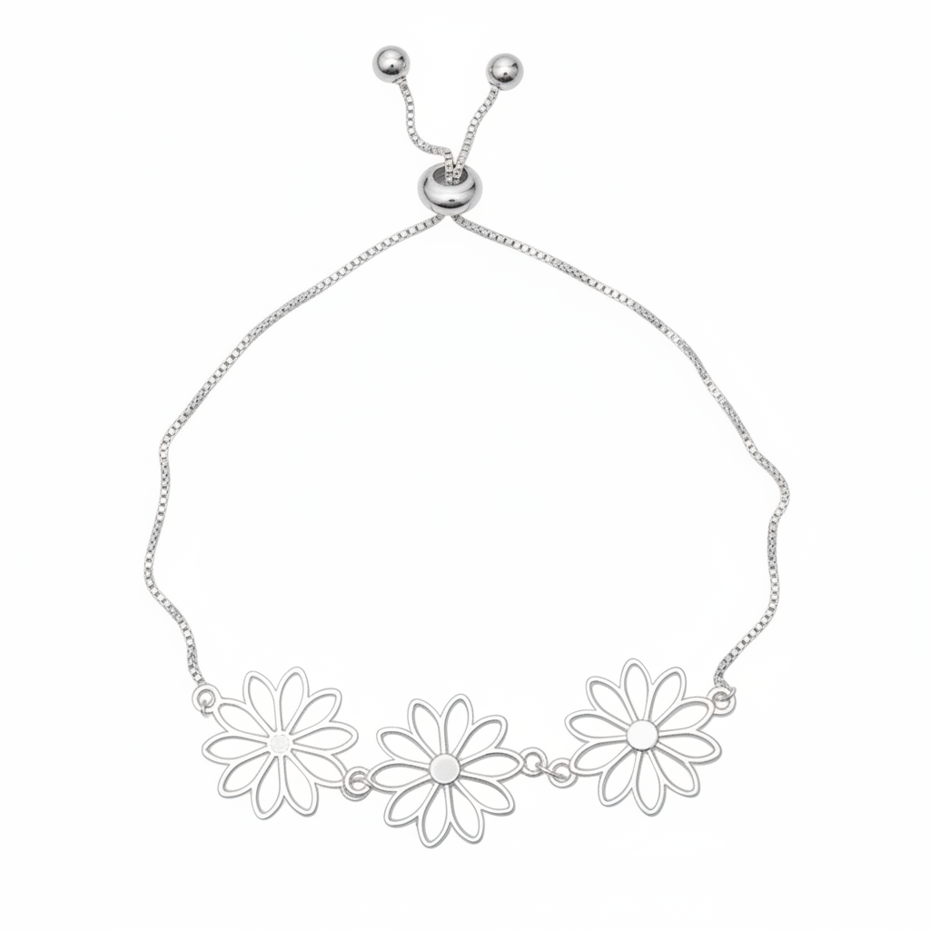 Bracelet réglable à triple fleur en plaqué argent